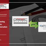 Das Logo von DreiTec Systems und experts Automation auf einem dunklen Hintergrund, in dem ein großer Greifer zu erkennen ist