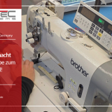 Eine Frau links im BIld sitzt an einer Brother-Nähmaschine und näht weißen Stoff für das Abdeckrollo GoodsGuard von DreiTec Systems